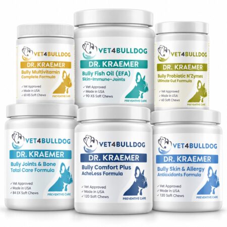 Six Longevity Vital supplement jars with larger fish oil and joint products for dogs 60lb and over.