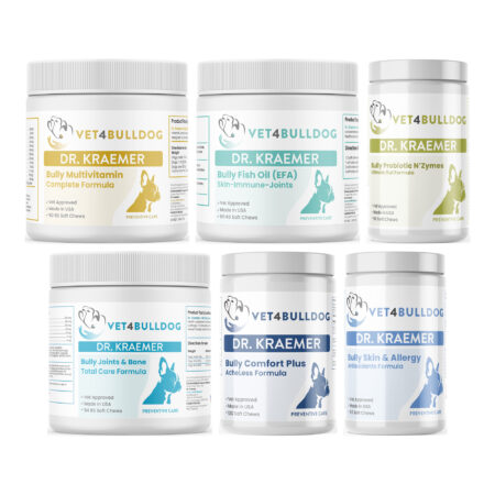 Dr. Kraemer's bully longevity vital bundle 59 lb and under, product containers together on a white background.
