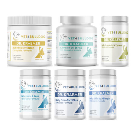 Dr. Kraemer's bully longevity vital bundle 60 lb and over, product containers together on a white background.
