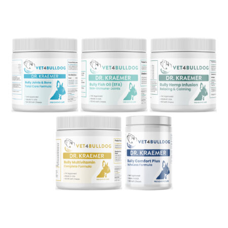 Dr. Kraemer's bully orthopedics vital bundle 59 lb and under, product containers together on a white background.