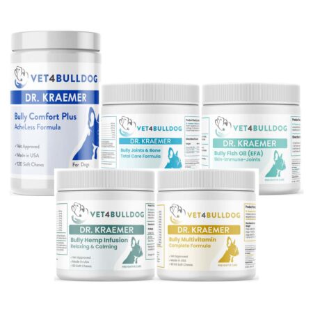 Dr. Kraemer’s Bully Orthopedics Vital Bundle (59lb and Under), current Vet4Bulldog products in a closeup bundle packshot