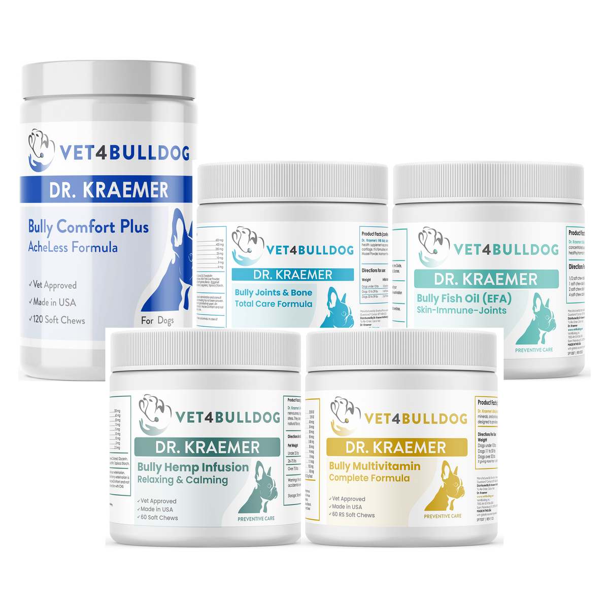 Dr. Kraemer’s Bully Orthopedics Vital Bundle (59lb and Under), current Vet4Bulldog products in a closeup bundle packshot