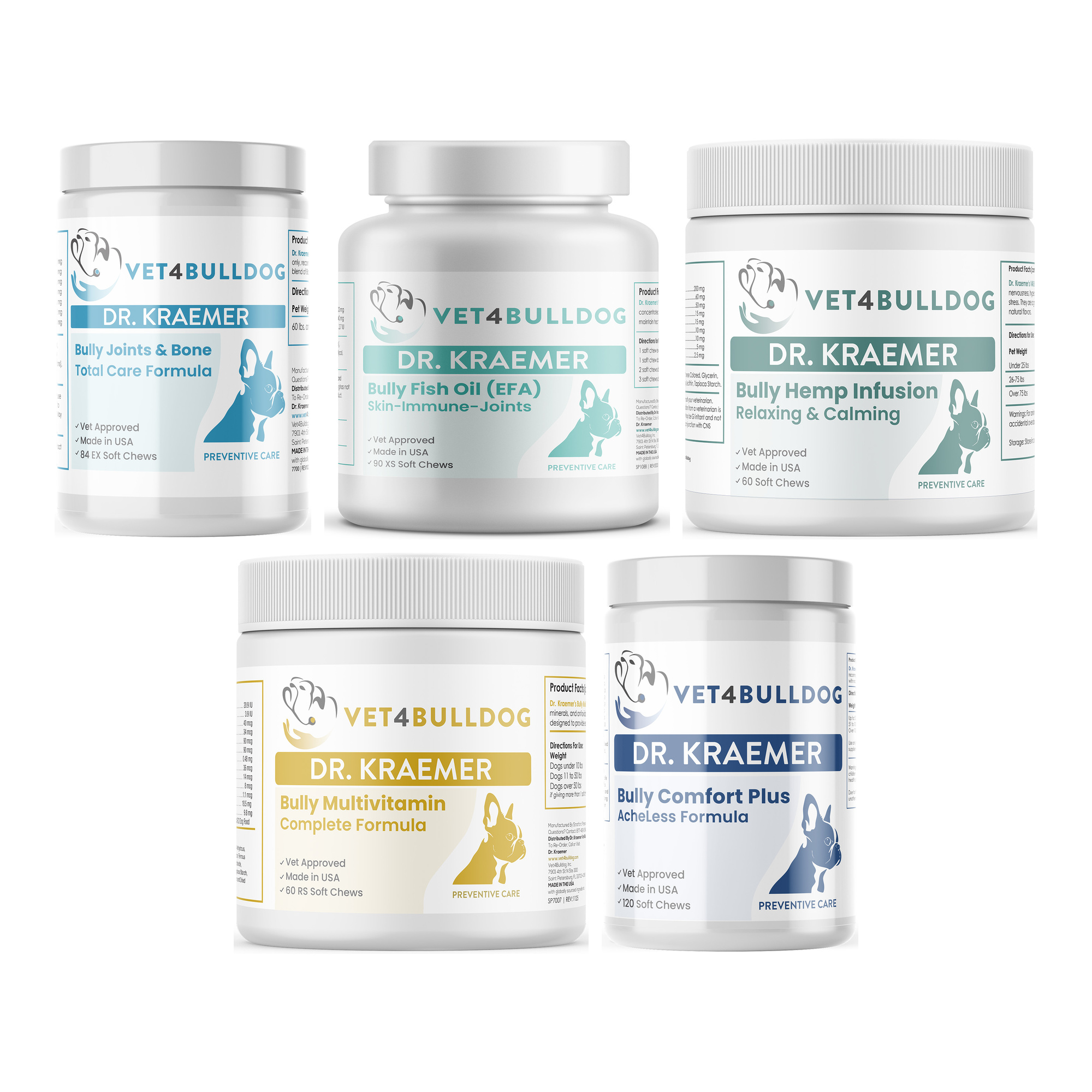 Dr. Kraemer's bully orthopedics vital bundle 60 lb and over, product containers together on a white background.
