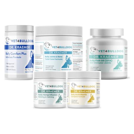 Dr. Kraemer’s Bully Orthopedics Vital Bundle (60lb and Over), current Vet4Bulldog products in a closeup bundle packshot