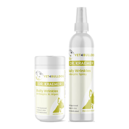 Bully Paw Dermatitis Basic Care Bundle with Wrinkle & Skinfold Antiseptic XL Wipes, Skin and Folds Antiseptic Medicated Spray on a white background.