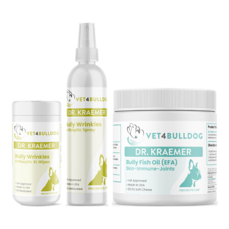 Bully Paw Dermatitis Essential Bundle with Wrinkle & Skinfold Antiseptic XL Wipes, Skin and Folds Antiseptic Medicated Spray, Bully Fish Oil EFA (Sm-Med | 60 Chews) on a white background.