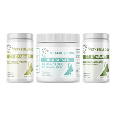 Bully Prebiotic & Probiotics; Essential Bundle with Bully Pre / Probiotics N' Zyme KEEP-UP, Bully Fish Oil EFA (Sm-Med | 60 Chews), Gastro Gentle Move & Anal Gland Health on a white background.