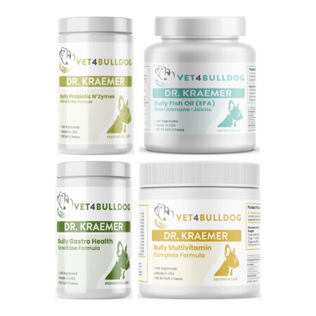 Bully Prebiotic & Probiotics Ultimate Bundle with Bully Pre / Probiotics N' Zyme KEEP-UP, Bully Fish Oil EFA DS (Sm-Med-Lg / 90 DS-chews), Gastro Gentle Move & Anal Gland Health, Bully Multivitamin Plus Optimized Formula on a white background.