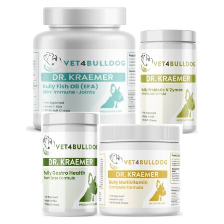 Dr. Kraemer’s Bully Prebiotic & Probiotics Ultimate Bundle, current Vet4Bulldog products in a closeup bundle packshot