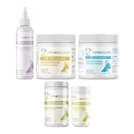 Bully Puppy ULTIMATE Bundle with Bully Multivitamin Plus Optimized Formula, Joint & Bone Total Care (59lb & Under / 84 Chews), Bully WaxLess Aloe Vera Ear Rinse, Wrinkle & Skinfold Antiseptic XL Wipes, Bully Pre / Probiotics N' Zyme KEEP-UP on a white background.