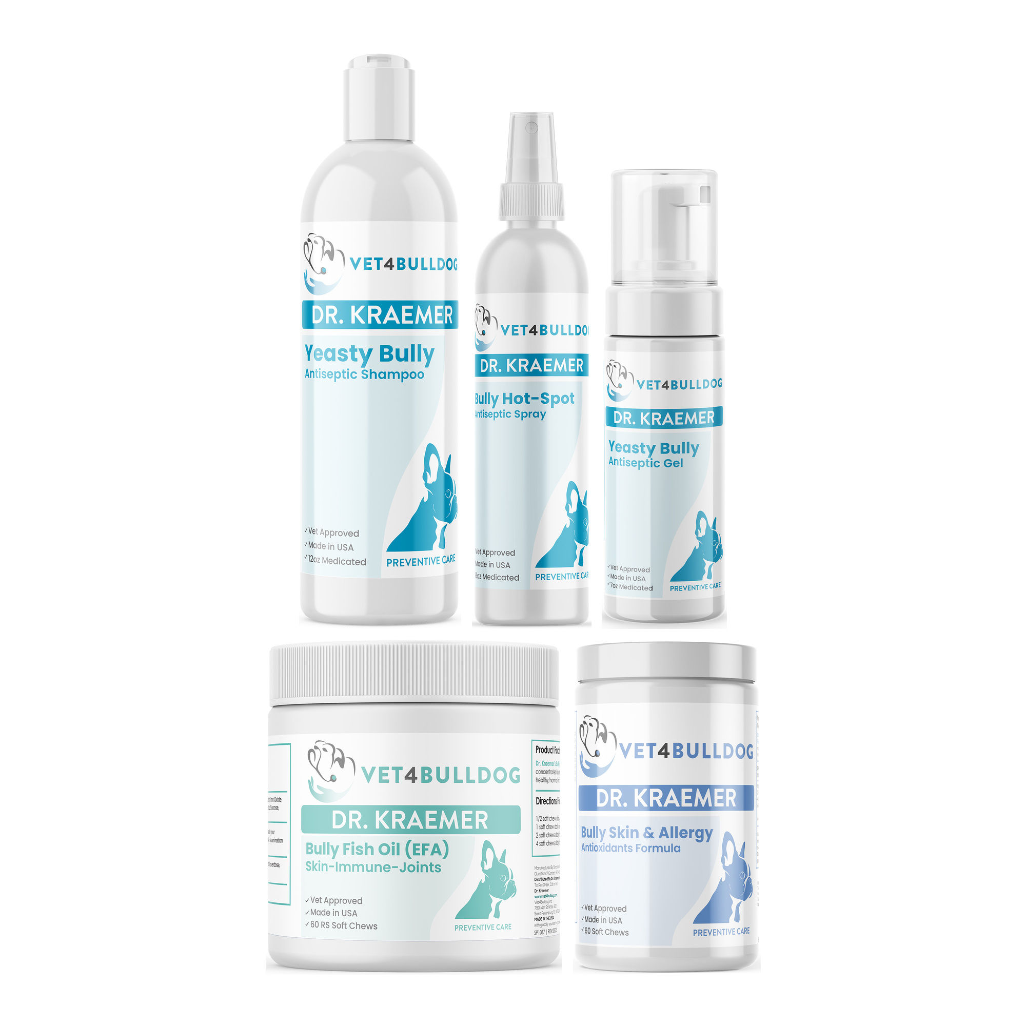 Bully Ringworm Fungus ULTIMATE Bundle with Yeasty Bully Antiseptic No-Rinse Medicated Gel, Yeasty Bully Antiseptic Shampoo, Yeasty Bully Antiseptic Hot Spot Spray, Bully Fish Oil EFA (Sm-Med | 60 Chews), Bully Skin and Ears Allergy Chews on a white background.