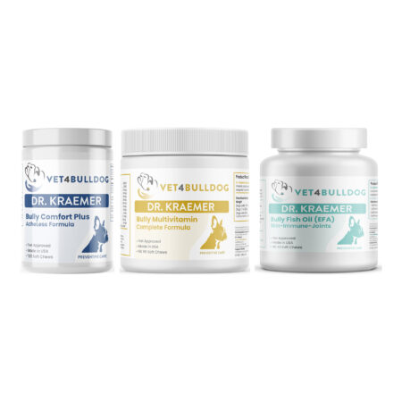 Bully Senior Basic Care Bundle with Bulldog Comfort Plus AcheLess Formula, Bully Multivitamin Plus Optimized Formula, Bully Fish Oil EFA DS (Sm-Med-Lg / 90 DS-chews) on a white background.
