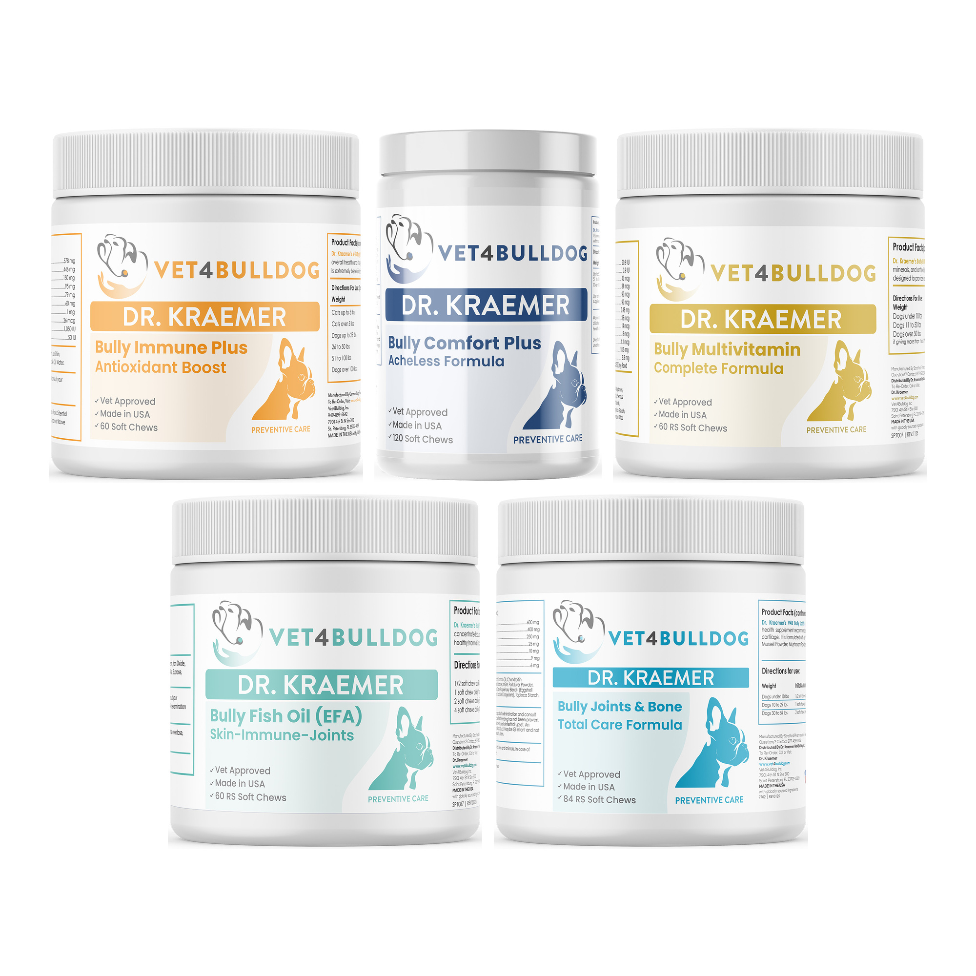 Dr. Kraemer's bully senior essential bundle, product containers together on a white background.