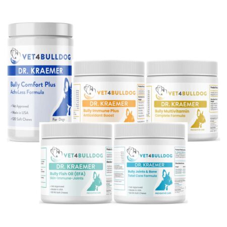 Dr. Kraemer’s Bully Senior Essential Bundle, current Vet4Bulldog products in a closeup bundle packshot