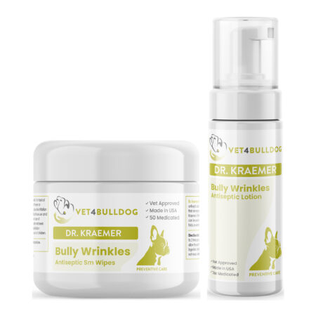 Bully Skin Acne Basic-Care Bundle with Bully Wrinkle & Skinfold Antiseptic Small Wipes, Bully Wrinkles Antiseptic Lotion on a white background.