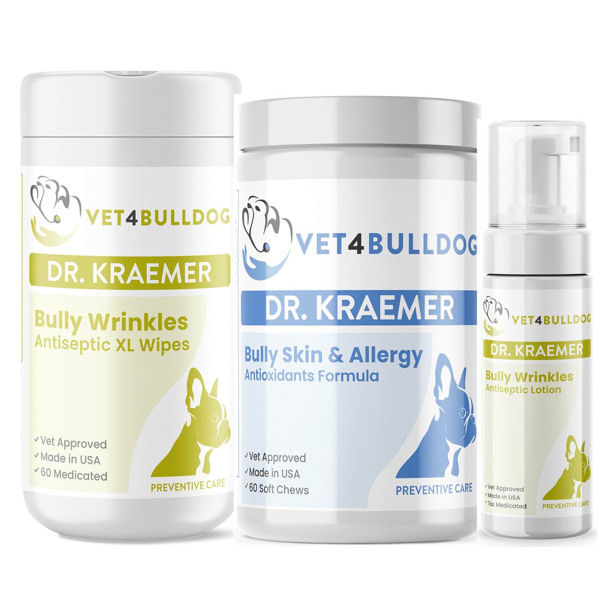 Dr. Kraemer’s Bully Skin Acne Essential Bundle, current Vet4Bulldog products in a closeup bundle packshot