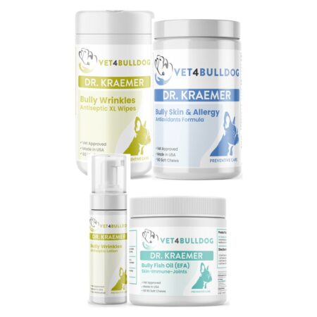 Dr. Kraemer’s Bully Skin Acne ULTIMATE Bundle, current Vet4Bulldog products in a closeup bundle packshot