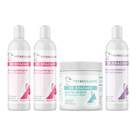 Bully Skin & Coat Derma Care Essential Bundle with Hypoallergenic Medicated Shampoo, V4B Bully Cream-Rinse Hypoallergenic Conditioner, Bully Fish Oil EFA (Sm-Med | 60 Chews), Bully Aloe-Oatmeal Soothing Shampoo on a white background.