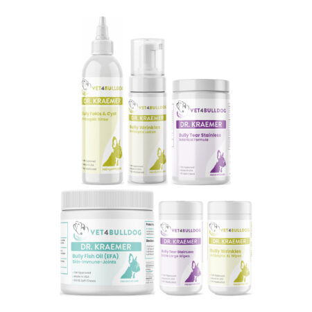 Bully Skin Folds Antiseptic ULTIMATE Bundle with Bully Tear StainLess XL Wipes, Tear StainLess Chew Formula, Wrinkle & Skinfold Antiseptic XL Wipes, Bully Skinfold & Cyst Antiseptic Rinse, Bully Wrinkles Antiseptic Lotion, Bully Fish Oil EFA (Sm-Med | 60 Chews) on a white background.