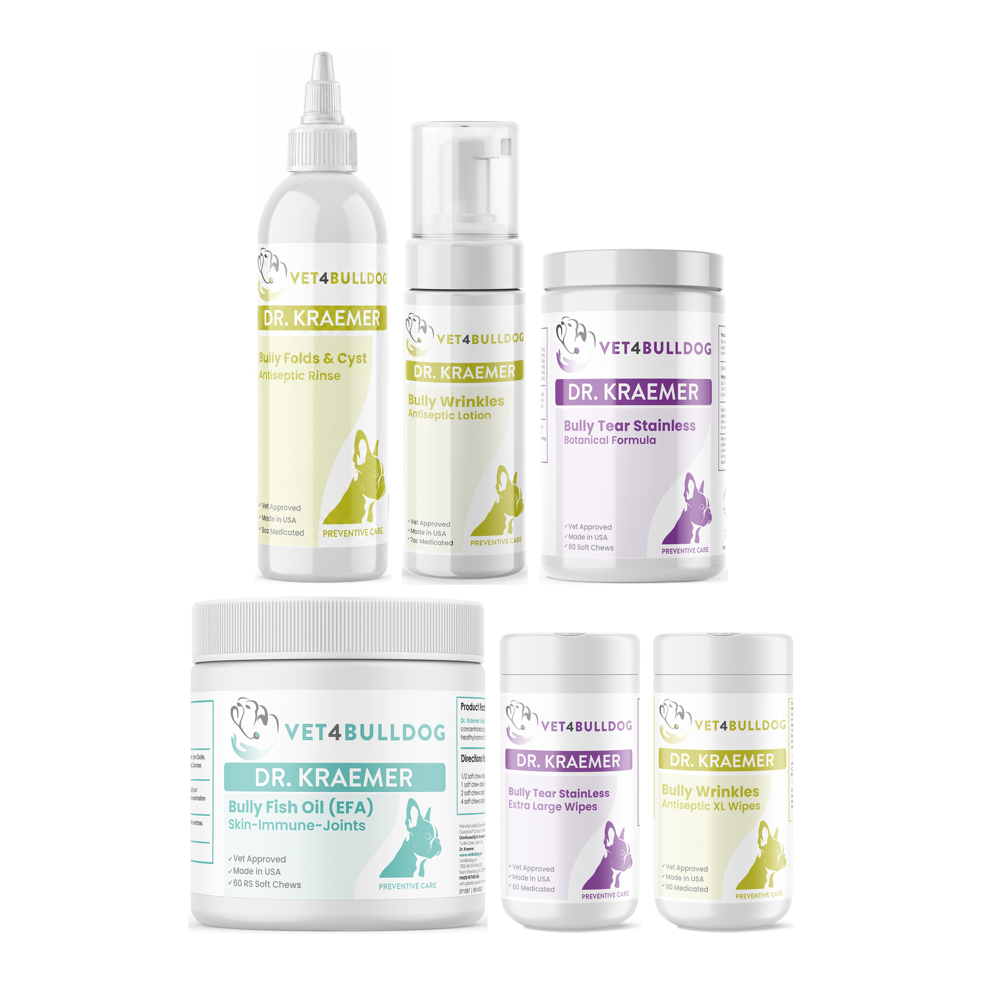 Bully Skin Folds Antiseptic ULTIMATE Bundle with Bully Tear StainLess XL Wipes, Tear StainLess Chew Formula, Wrinkle & Skinfold Antiseptic XL Wipes, Bully Skinfold & Cyst Antiseptic Rinse, Bully Wrinkles Antiseptic Lotion, Bully Fish Oil EFA (Sm-Med | 60 Chews) on a white background.