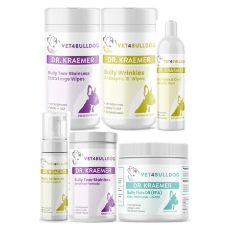 Dr. Kraemer’s Bully Skin Folds Antiseptic ULTIMATE Bundle, current Vet4Bulldog products in a closeup bundle packshot