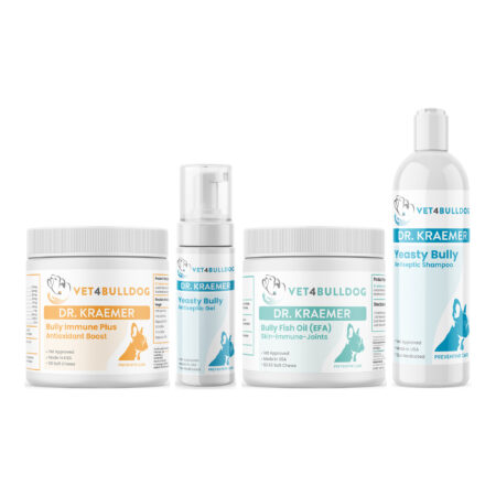 Bully Skin Infection Pyoderma Essential with Bulldog Immune Support Plus Chews, Yeasty Bully Antiseptic No-Rinse Medicated Gel, Bully Fish Oil EFA (Sm-Med | 60 Chews), Yeasty Bully Antiseptic Shampoo on a white background.