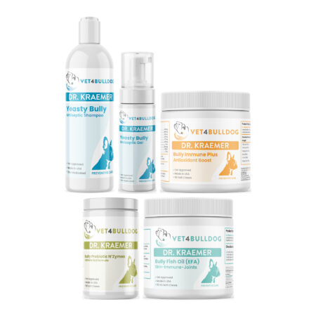 Bully Skin Infection Pyoderma ULTIMATE with Bulldog Immune Support Plus Chews, Bully Pre / Probiotics N' Zyme KEEP-UP, Yeasty Bully Antiseptic No-Rinse Medicated Gel, Bully Fish Oil EFA (Sm-Med | 60 Chews), Yeasty Bully Antiseptic Shampoo on a white background.
