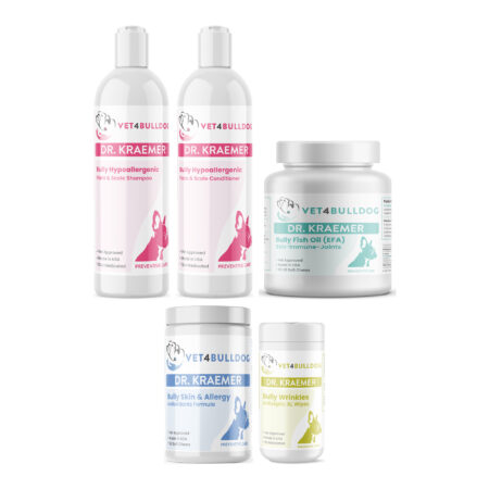 Bully Skin & Wrinkles Derma Care ULTIMATE Bundle with Wrinkle & Skinfold Antiseptic XL Wipes, Hypoallergenic Medicated Shampoo, V4B Bully Cream-Rinse Hypoallergenic Conditioner, Bully Fish Oil EFA DS (Sm-Med-Lg / 90 DS-chews), Bully Skin and Ears Allergy Chews on a white background.