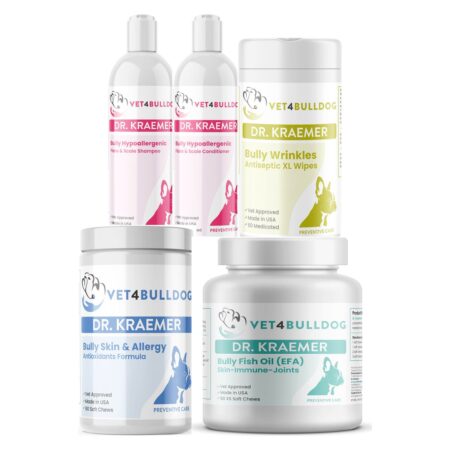 Dr. Kraemer’s Bully Skin & Wrinkles Derma Care ULTIMATE Bundle, current Vet4Bulldog products in a closeup bundle packshot