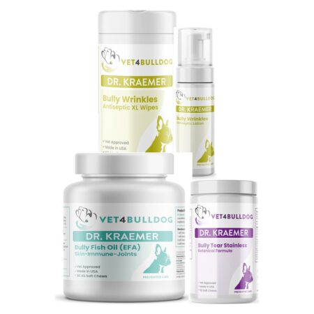 Dr. Kraemer’s Bully Skinfold Wrinkles Essential-Care Bundle, current Vet4Bulldog products in a closeup bundle packshot