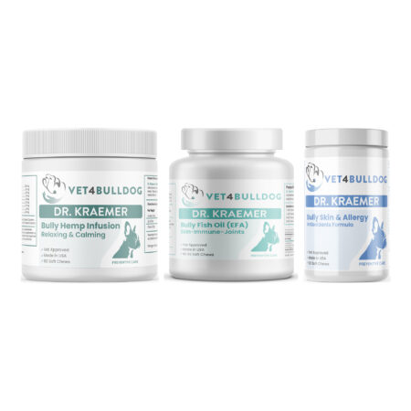 Bully Sleep Apnea Essential Bundle with Bully HEMP Relax & Calm, Bully Fish Oil EFA DS (Sm-Med-Lg / 90 DS-chews), Bully Skin and Ears Allergy Chews on a white background.