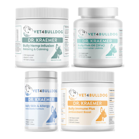 Bully Sleep Apnea ULTIMATE Bundle with Bully HEMP Relax & Calm, Bully Fish Oil EFA DS (Sm-Med-Lg / 90 DS-chews), Bully Skin and Ears Allergy Chews, Bulldog Immune Support Plus Chews on a white background.
