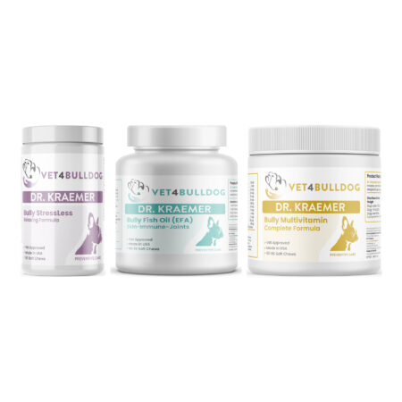 Bully Stenotic Nares Essential Bundle with Bully StressLess & Calming Aid, Bully Fish Oil EFA DS (Sm-Med-Lg / 90 DS-chews), Bully Multivitamin Plus Optimized Formula on a white background.