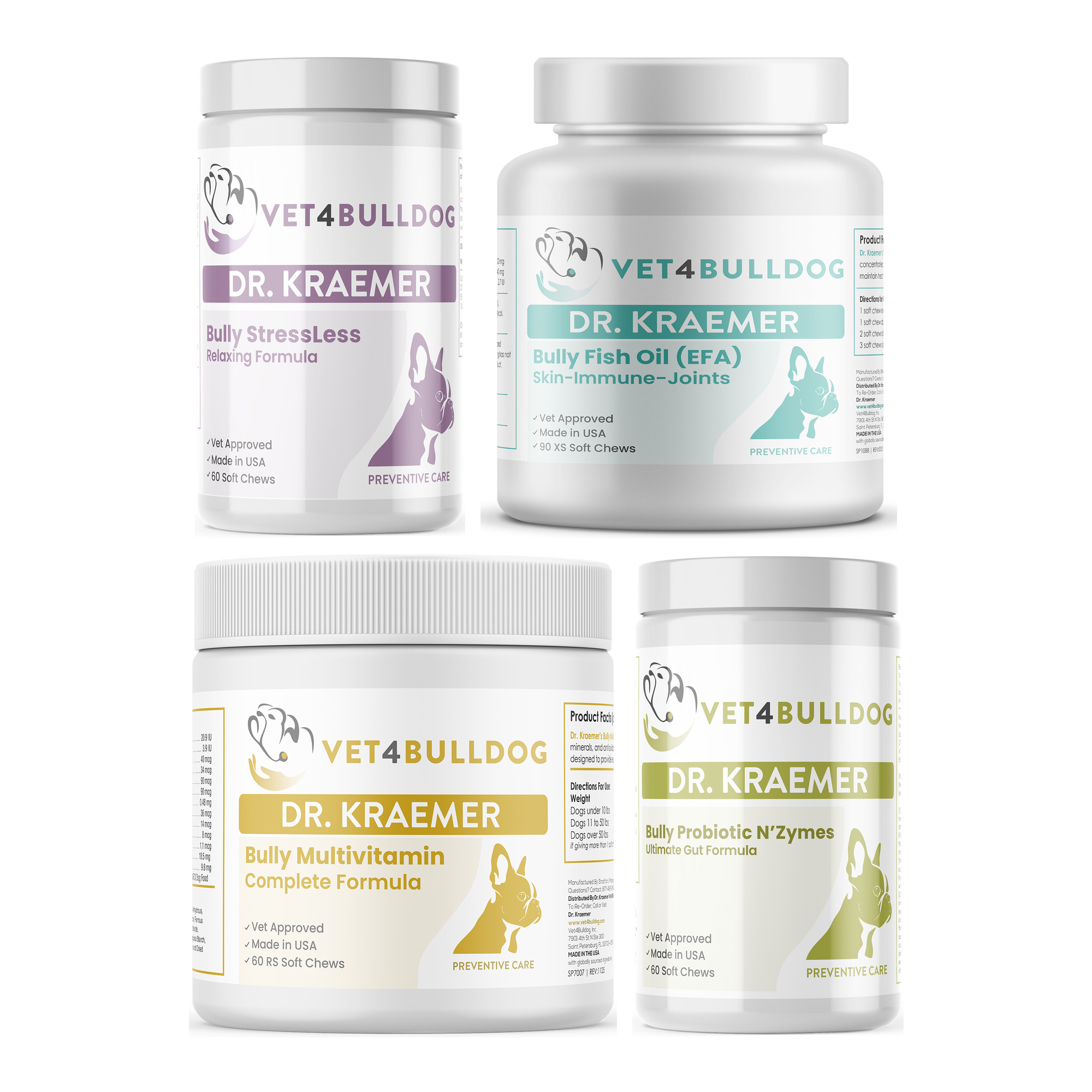 Bully Stenotic Nares ULTIMATE Bundle with Bully StressLess & Calming Aid, Bully Fish Oil EFA DS (Sm-Med-Lg / 90 DS-chews), Bully Multivitamin Plus Optimized Formula, Bully Pre / Probiotics N' Zyme KEEP-UP on a white background.