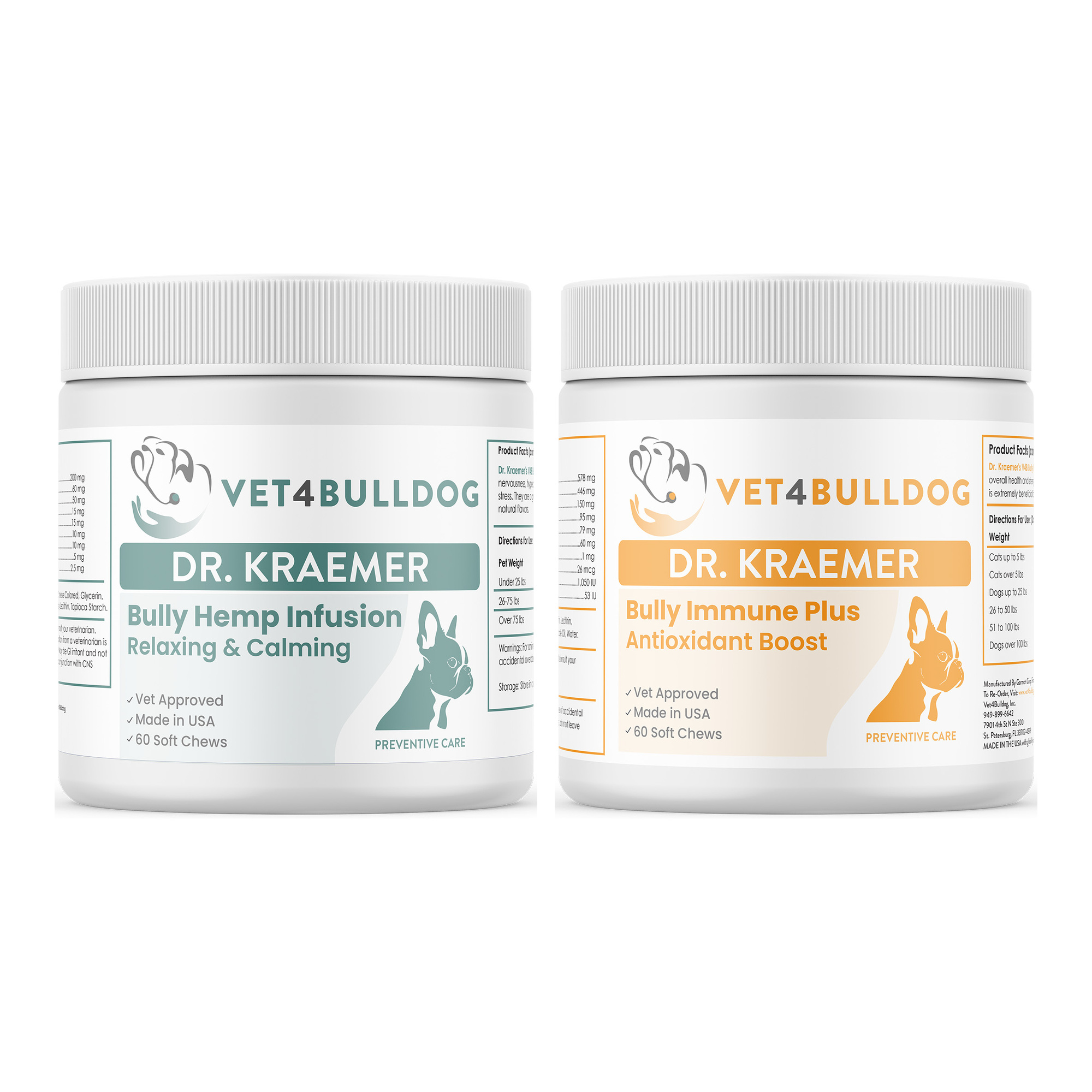 Bully StressLess & Calm Basic Bundle with Bully HEMP Relax & Calm, Bulldog Immune Support Plus Chews on a white background.