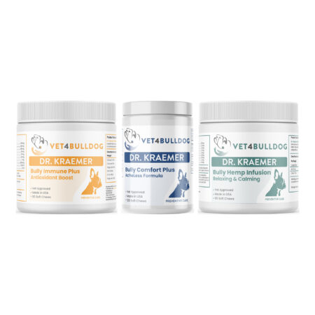 Bully StressLess & Calm Essential Bundle with Bulldog Immune Support Plus Chews, Bulldog Comfort Plus AcheLess Formula, Bully HEMP Relax & Calm on a white background.