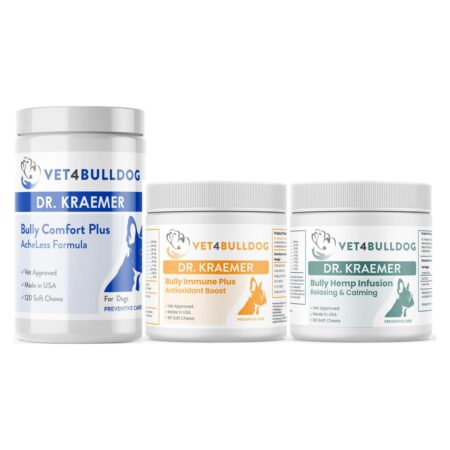 Dr. Kraemer’s Bully StressLess & Calm Essential Bundle, current Vet4Bulldog products in a closeup bundle packshot