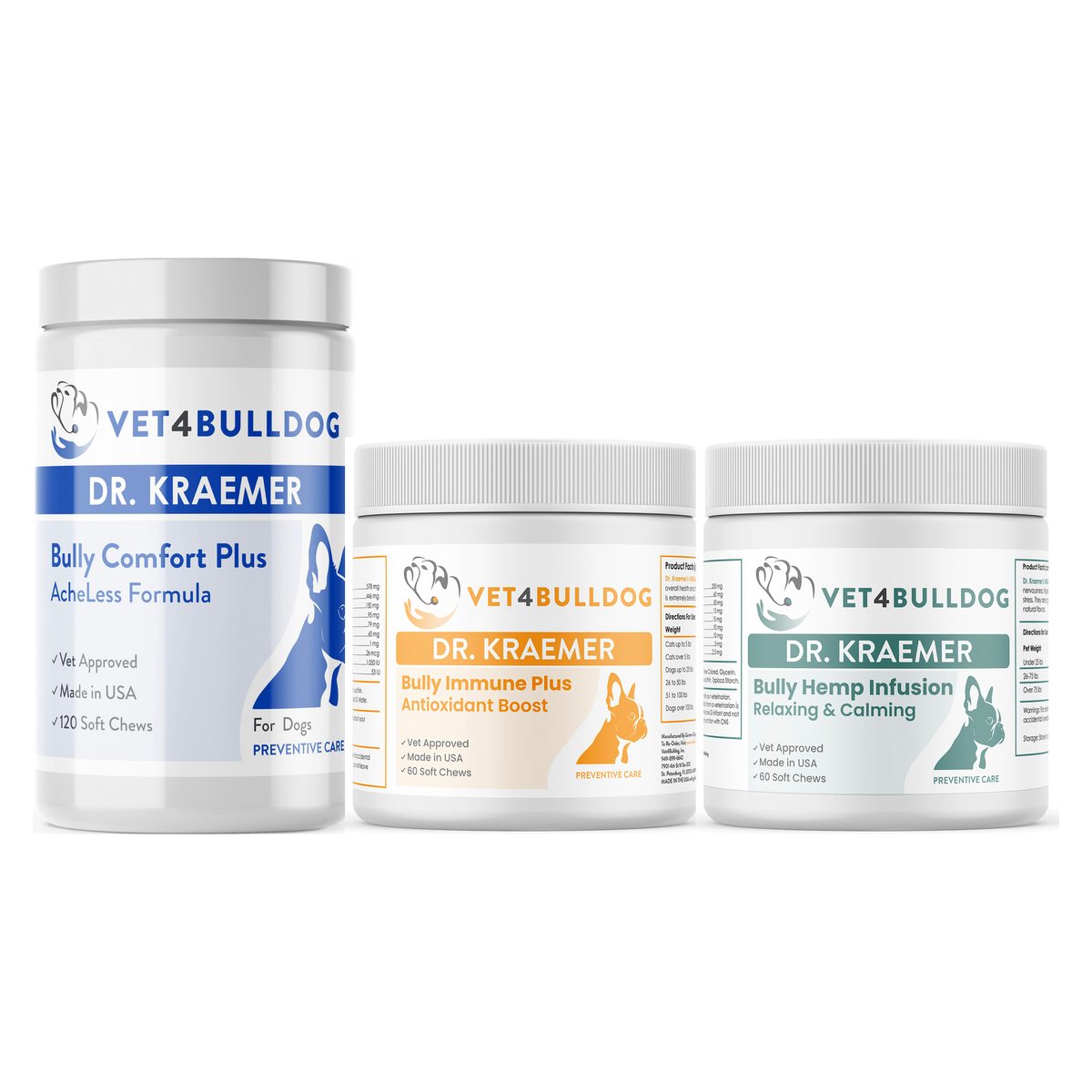 Dr. Kraemer’s Bully StressLess & Calm Essential Bundle, current Vet4Bulldog products in a closeup bundle packshot