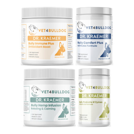 Bully StressLess & Calm ULTIMATE Bundle with Bulldog Immune Support Plus Chews, Bulldog Comfort Plus AcheLess Formula, Bully HEMP Relax & Calm, Bully Pre / Probiotics N' Zyme KEEP-UP on a white background.