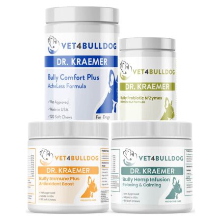 Dr. Kraemer’s Bully StressLess & Calm ULTIMATE Bundle, current Vet4Bulldog products in a closeup bundle packshot