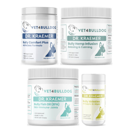 Bully Tail Pocket Essential Care Bundle with Bulldog Comfort Plus AcheLess Formula, Wrinkle & Skinfold Antiseptic XL Wipes, Bully HEMP Relax & Calm, Bully Fish Oil EFA (Sm-Med | 60 Chews) on a white background.