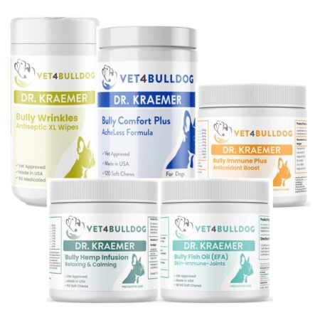 Dr. Kraemer’s Bully Tail Pocket ULTIMATE Care Bundle, current Vet4Bulldog products in a closeup bundle packshot