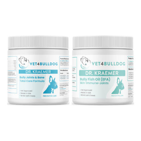 Dr. Kraemer's Bully Total Joint and Bone Basic Mobility Bundle for dogs 59 lb and under, product containers together on a white background.