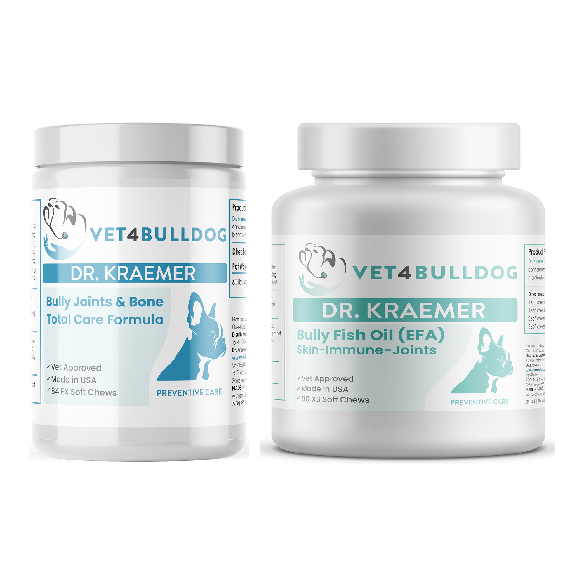 Bully Total Joint & Bone Basic Mobility Bundle (60lb and Over) with Bully Joint & Bone Total Care (60lb & Over / 84 Chews), Bully Fish Oil EFA DS (Sm-Med-Lg / 90 DS-chews) on a white background.