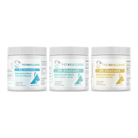 Bully Total Joint & Bone Essential Mobility Bundle (59lb and Under) with Joint & Bone Total Care (59lb & Under / 84 Chews), Bully Fish Oil EFA (Sm-Med | 60 Chews), Bully Multivitamin Plus Optimized Formula on a white background.