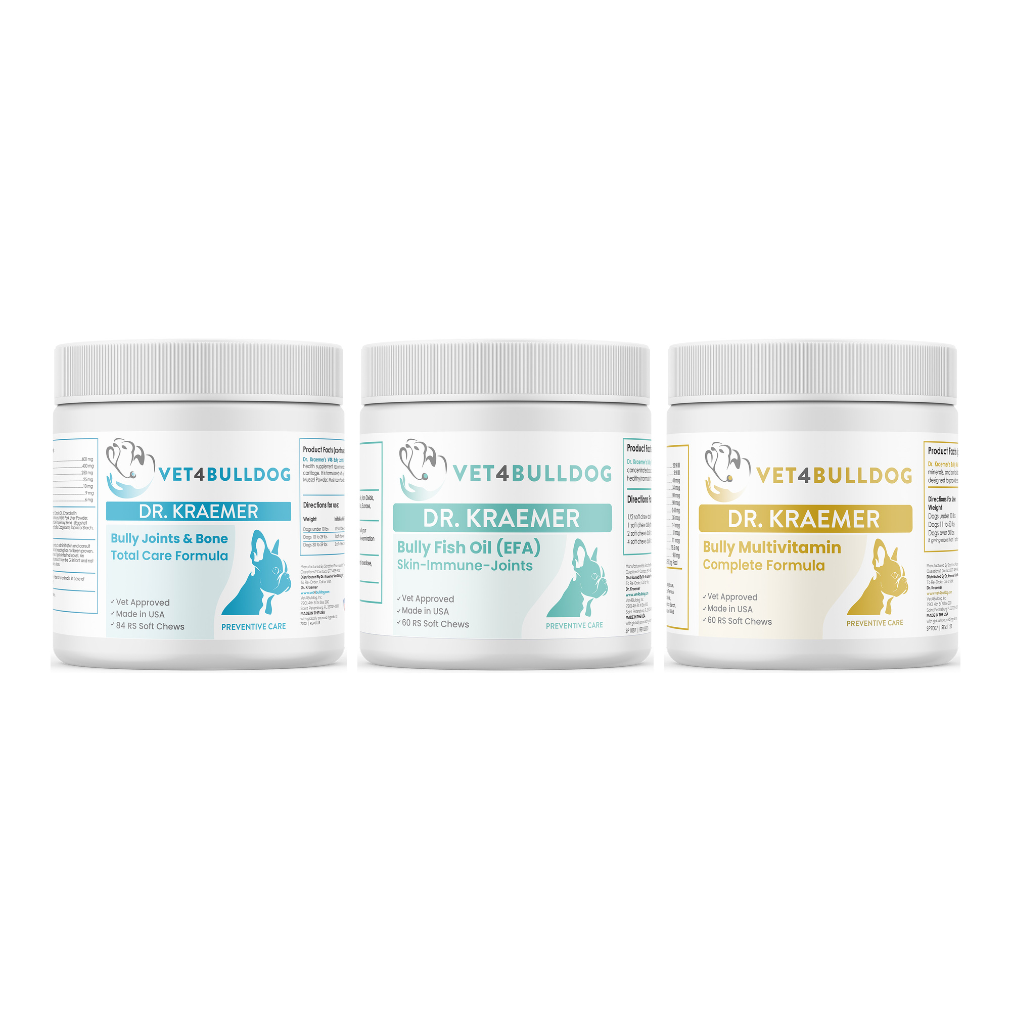 Bully Total Joint & Bone Essential Mobility Bundle (59lb and Under) with Joint & Bone Total Care (59lb & Under / 84 Chews), Bully Fish Oil EFA (Sm-Med | 60 Chews), Bully Multivitamin Plus Optimized Formula on a white background.