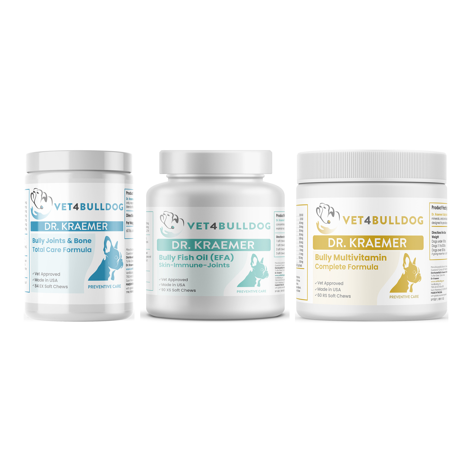 Bully Total Joint & Bone Essential Mobility Bundle (60lb and Over) with Bully Joint & Bone Total Care (60lb & Over / 84 Chews), Bully Fish Oil EFA DS (Sm-Med-Lg / 90 DS-chews), Bully Multivitamin Plus Optimized Formula on a white background.