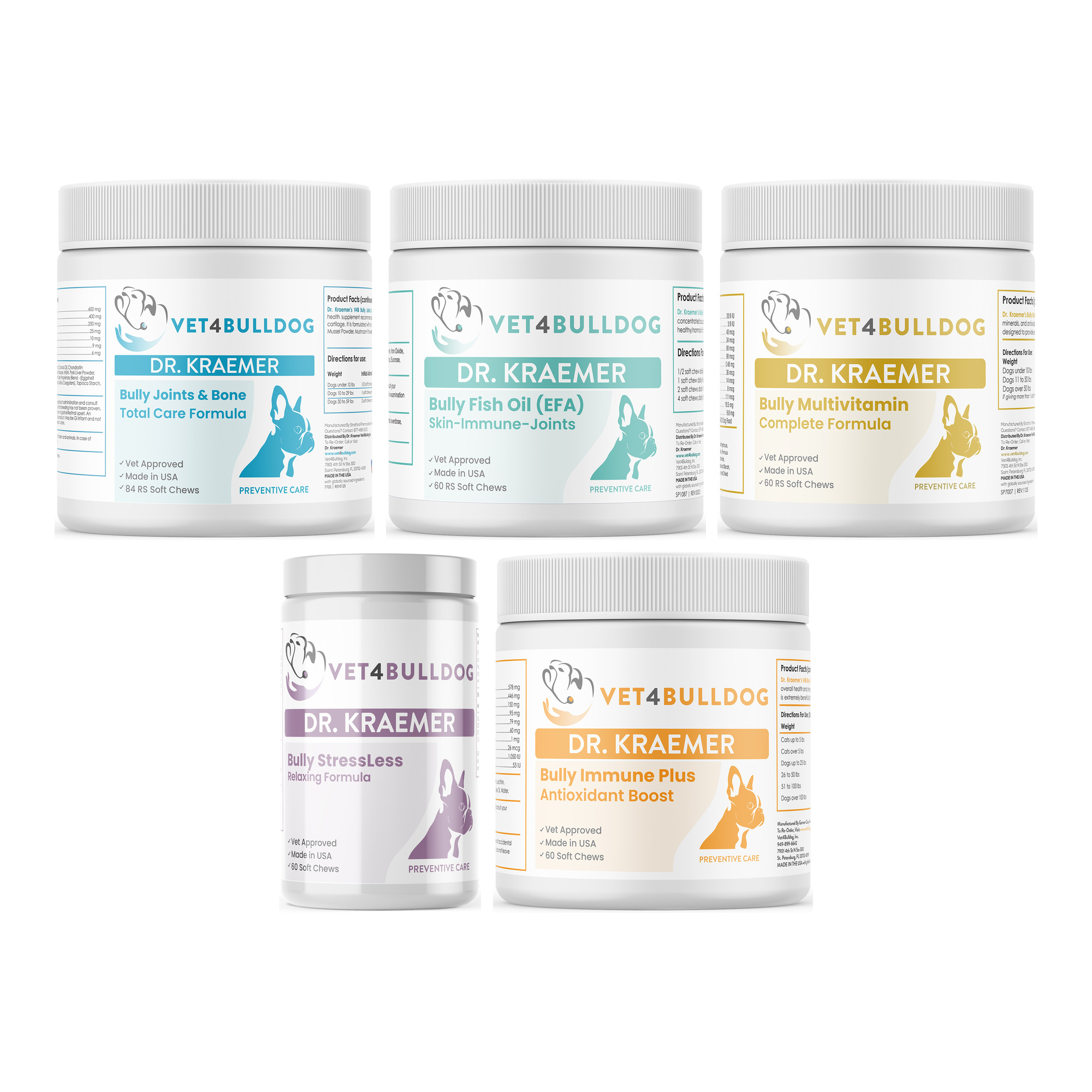 Dr. Kraemer's bully total joint ultimate mobility bundle 59 lb and under, product containers together on a white background.