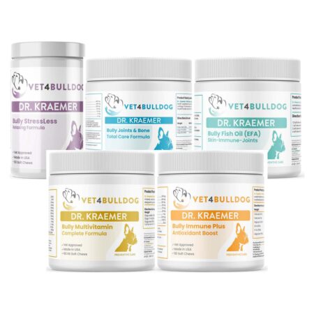 Dr. Kraemer’s Bully Total Joint ULTIMATE Mobility Bundle (59lb and Under), current Vet4Bulldog products in a closeup bundle packshot