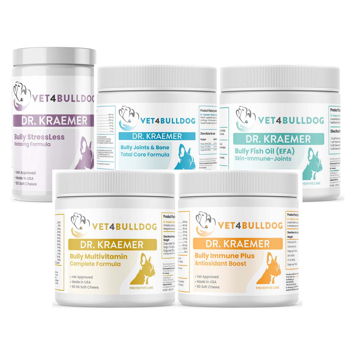 Dr. Kraemer’s Bully Total Joint ULTIMATE Mobility Bundle (59lb and Under), current Vet4Bulldog products in a closeup bundle packshot